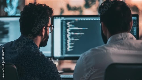 Two men working together on computer screens in a dimly lit room.