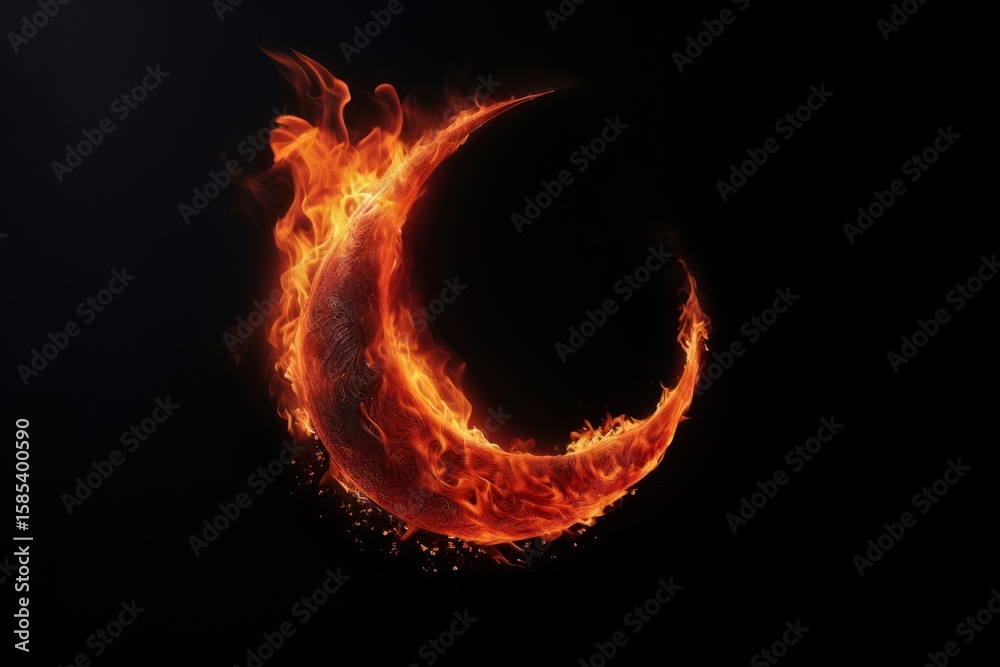 Fototapeta premium Half moon fire flame night black background astronomy.