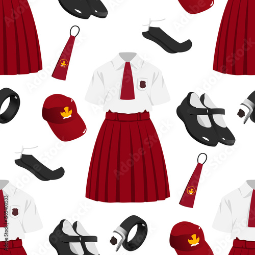 Seamless Pattern of Indonesian Elementary School Uniform. Red and White Outfit with Cap and Tie