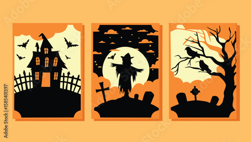 Three halloween themed cards featuring a haunted house scarecrow and spooky tree in silhouette style art