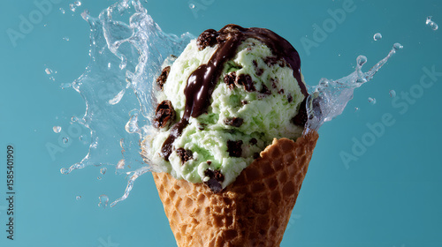Mint Chocolate Chip Ice Cream Cone with Water Splash on a Blue Background