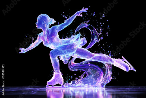 Figure of an ice skater made from glowing, translucent blue and purple glass, gliding on ice on a black background. 