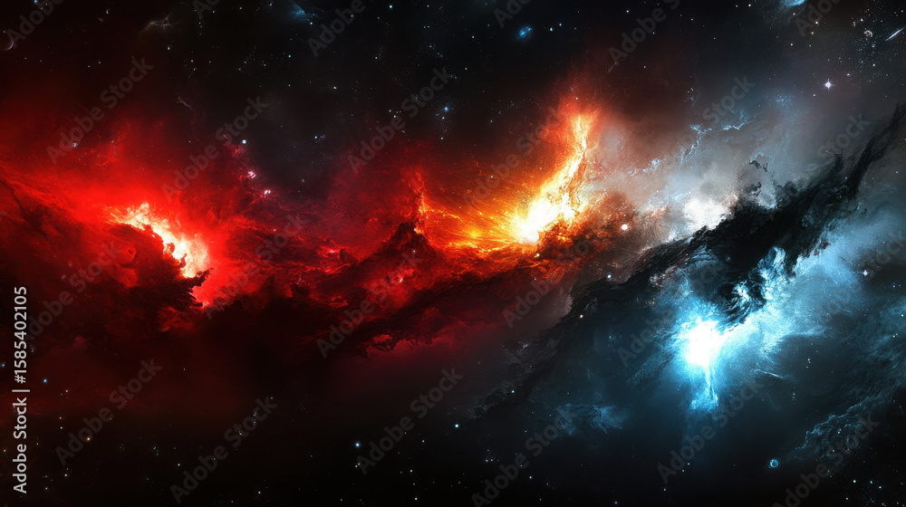 Naklejka premium Abstract cosmic space with vibrant nebulae and twinkling stars. Glowing universe concept for astronomy and science.