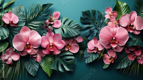 Wallpaper Mural Pink orchids and tropical leaves arranged on a teal background. Torontodigital.ca
