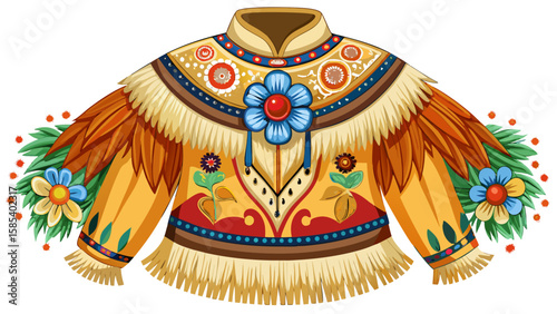 The Alaska Athabaskan moosehide dress with floral beadwork and fringes displays deep craftsmanship and warmth, perfect for a rich cultural vector representation.
