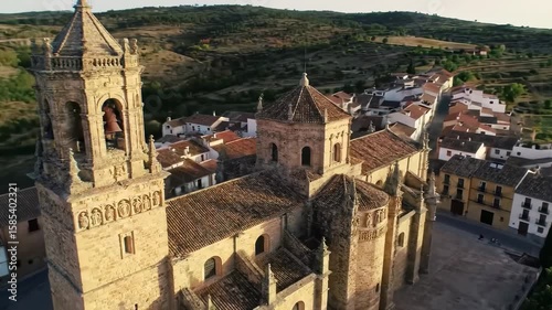 High-angle view of a historic church and town