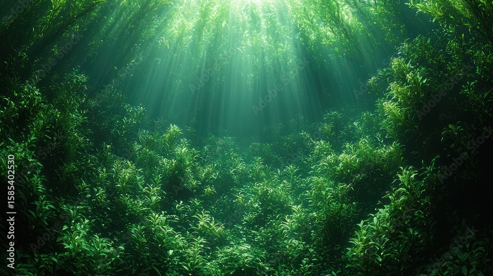 Fototapeta premium Sunlight filtering through underwater vegetation.