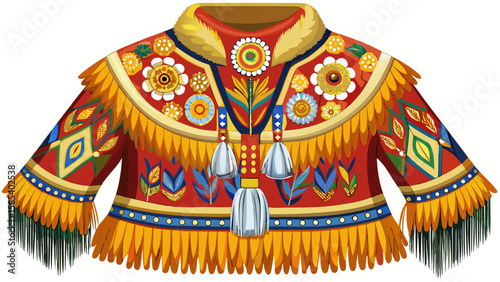 The Alaska Athabaskan moosehide dress with floral beadwork and fringes displays deep craftsmanship and warmth, perfect for a rich cultural vector representation.