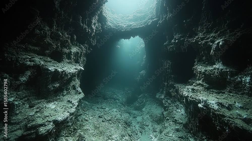 Obraz premium Underwater cave with textured rock formations.