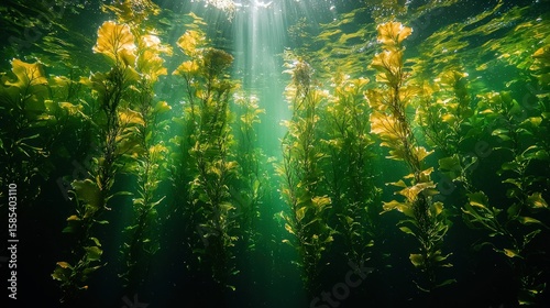 Underwater kelp forest bathed in sunlight.