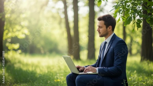 Businessman Working on Laptop in a Lush Green Forest Setting