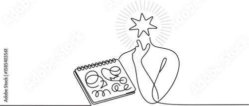 Continuous Line Art Depicting Creative Thought Process Notebook Star Head and Hand Contemplation Conceptualization Idea Generation Sketch