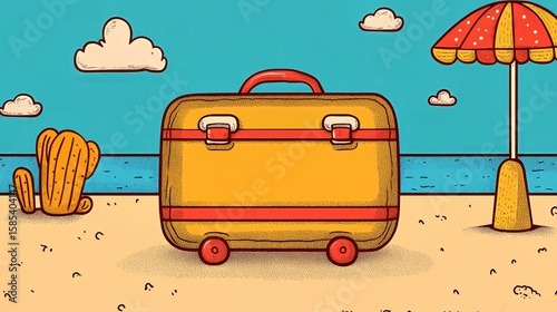 Retro suitcase on beach with umbrella and cactus in vintage summer setting