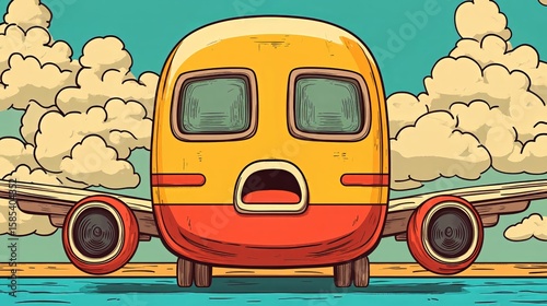 Whimsical airplane with big eyes soaring through a cloudy sky in vibrant colors