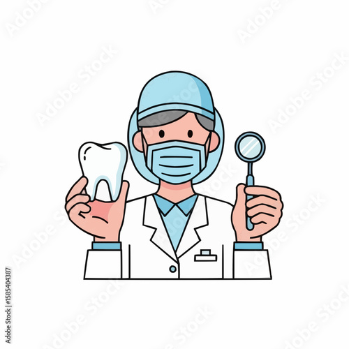 An icon of a dentist character holding a tooth model and a mouth mirror.