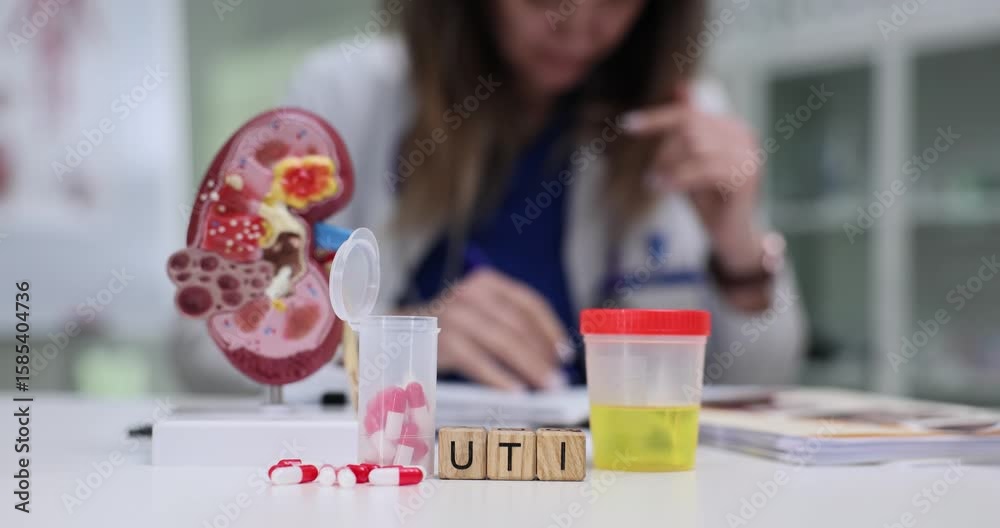 Wooden cubes spell UTI placed between kidney model and sample cup. Pills and red capsule shapes illustrate urinary infection with test scenario