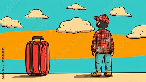Person in plaid and luggage against bright cloudy backdrop illustrating travel and adventure
