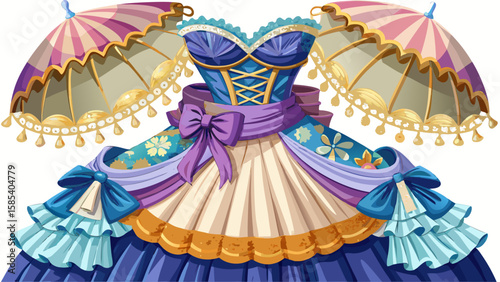 New Orleans Creole dress with silk corsets, layered skirts, and parasol accessories captures French-American elegance, perfect for an ornate, stylish vector scene.