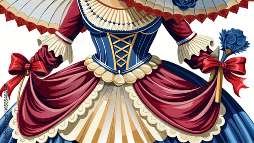 New Orleans Creole dress with silk corsets, layered skirts, and parasol accessories captures French-American elegance, perfect for an ornate, stylish vector scene.