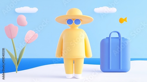 Minimalist beach vacation scene with abstract traveler, luggage, and flowers