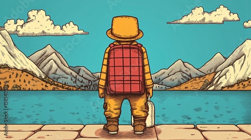 Colorful adventure: hiker with backpack by mountain lake and scenic landscape