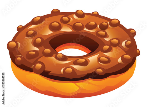 Chocolate donut with glaze and chocolate ball toppings on a white background. Vector cartoon illustration