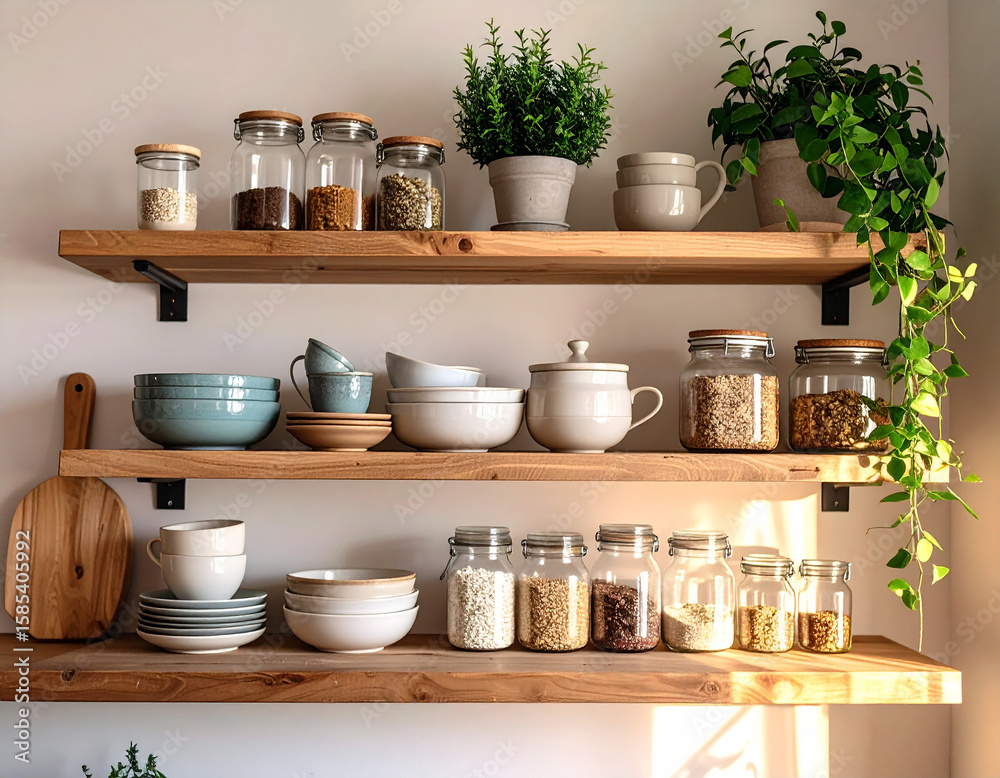 Obraz premium Cozy kitchen shelf with stacked ceramics, glass jars, and trailing plant