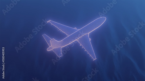 Glowing wireframe airplane on deep blue ocean background