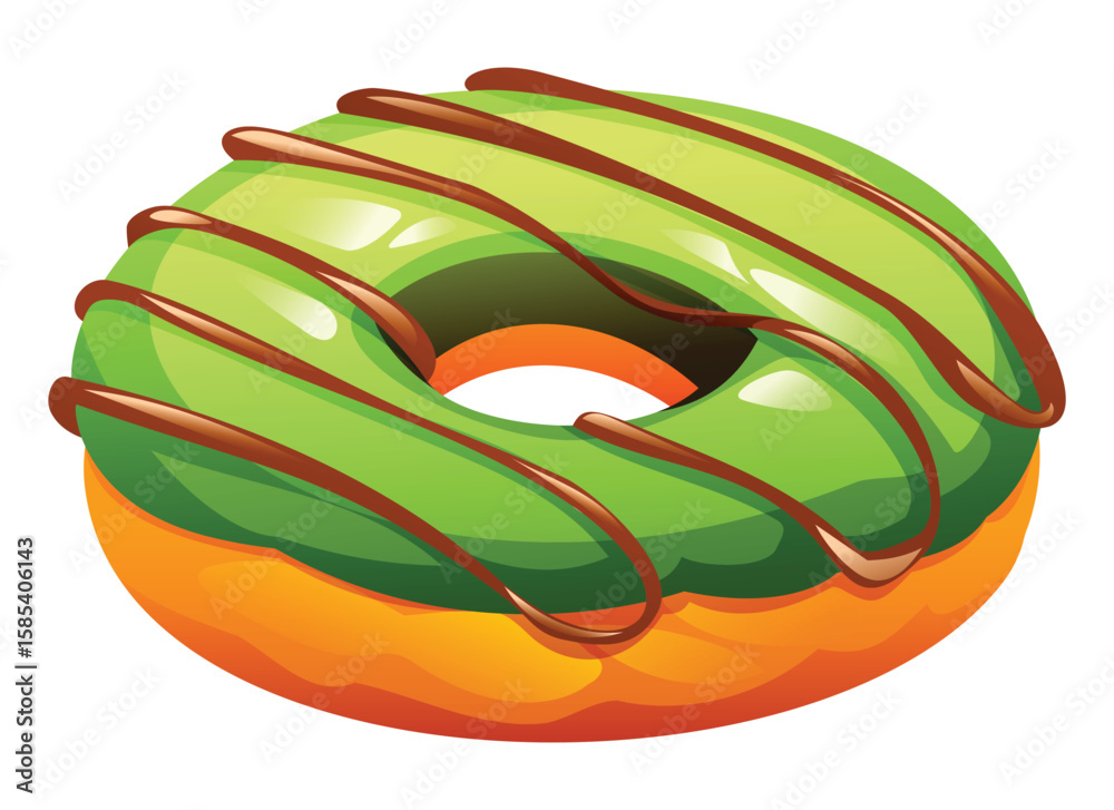Matcha flavored donut with green glaze and rich chocolate drizzle on a white background. Vector cartoon illustration