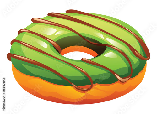 Matcha flavored donut with green glaze and rich chocolate drizzle on a white background. Vector cartoon illustration