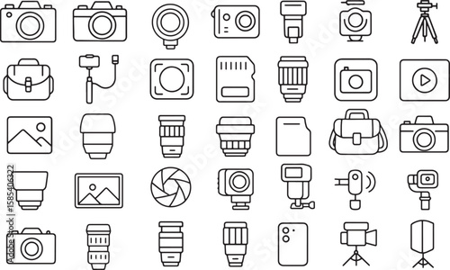 Collection of Photography, Videography, and Camera Gear Outline Icons
