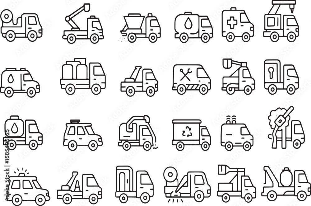 Fototapeta premium Collection of Special Purpose, Municipal, and Emergency Vehicle Outline Icons