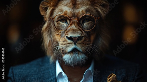 A sophisticated man with a lion's head, wearing glasses.