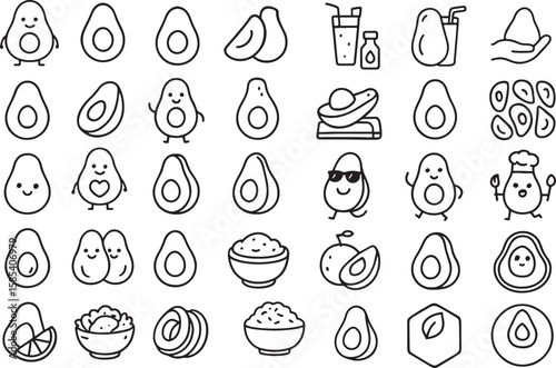 Collection of Cute Avocado, Guacamole, and Healthy Snack Outline Icons