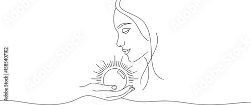 Minimalist Woman and Orb Illustration Capturing Feminine Energy and Mystic Connection in Artistic Simplicity and a Modern Spiritual Aesthetic