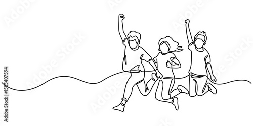 Happy Children Jumping Silhouette Continuous One Line Drawing. Kids Players Abstract Minimal Line Art Drawing, Single one sketch line childhood vector illustration editable stroke, Celebration Joy pro
