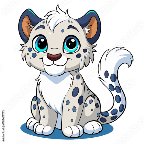 A Playful Baby Snow Leopard with Sparkling Aqua Eyes, Fluffy Fur, and Mischievous Spots, Ready to Leap Into Magical Forest Adventures and Make Friends Wherever She Pounces