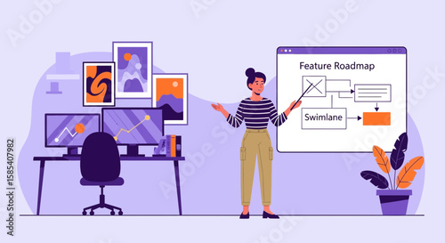 Woman Presents Feature Roadmap For Software Product With A Presentation
