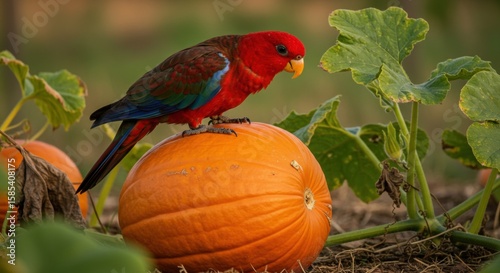 red parrot bird | A vibrant red parrot perched on a bright orange pumpkin in a lush garden, surrounded by green vines and leaves, showcasing the beauty of nature in autumn