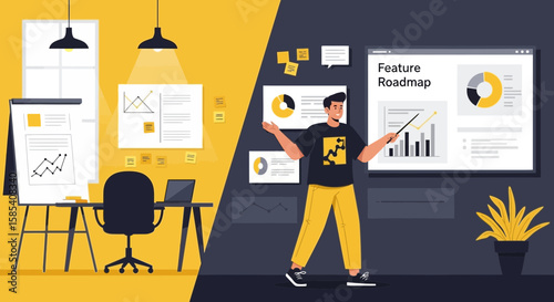Modern Business Presentation Of Feature Roadmap In Company Half Office Setup
