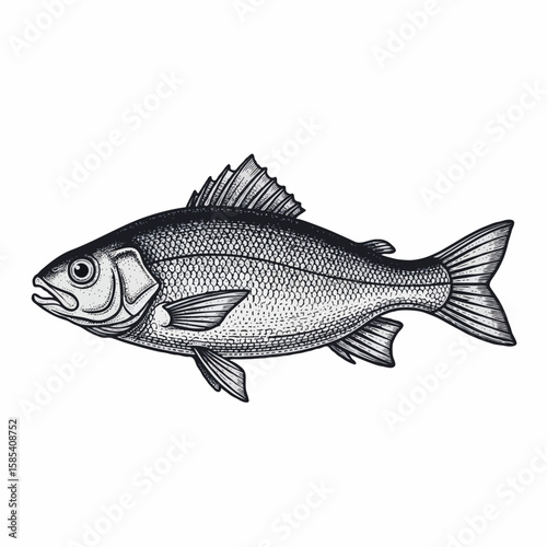 Detailed illustration of a white perch fish with fins scales