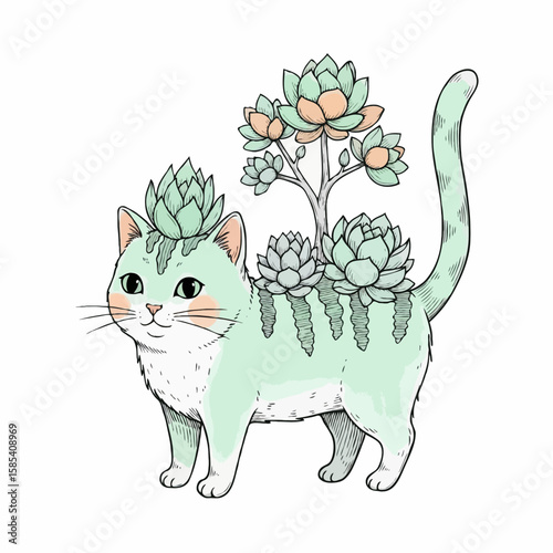 Botanical cat with succulent plants and flower arrangement design