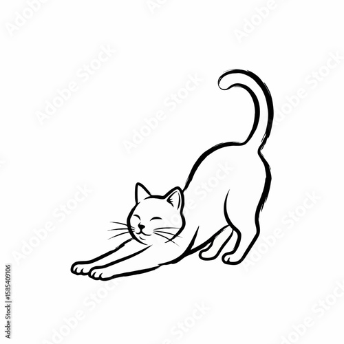 Stretching cat in black and white simple line drawing style