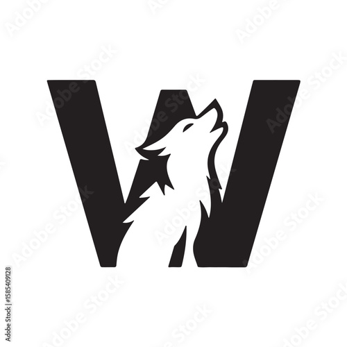 Black wolf howling within letter W white animal