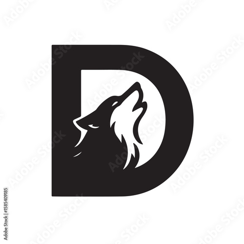 Black wolf howling within white circle on letter D animal silhouette