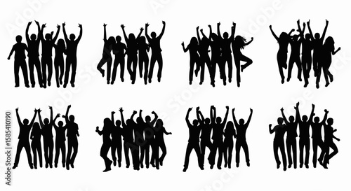 Group Cheering Silhouette Set – Celebration and Crowd Poses in Vector Style on White Background