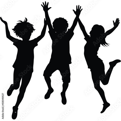 Isolated Silhouettes of Children Exuberantly Jumping in Joyful Celebration