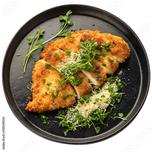 Chicken Schnitzel with Lemon Wedge PNG Isolated on Transparent Background