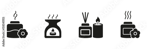Aromatherapy And Fragrance Diffuser Solid Icon Set. Relaxation, Wellness, And Home Scenting Silhouette Symbol Collection. Essential Oils, Candles, And Incense. Isolated Vector Illustration