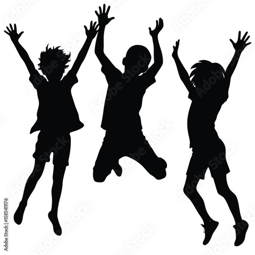 Vector Silhouettes of Children Jumping in Exuberant Play